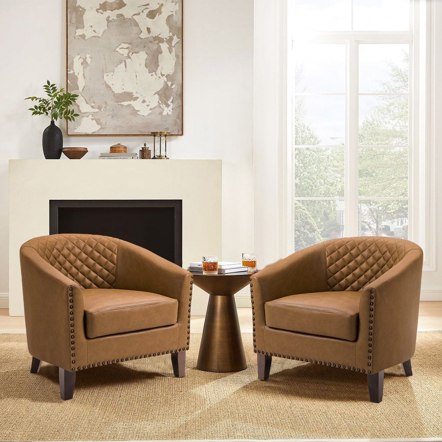 2 Set 29 W Vegan Leather Barrel Accent Chairs with Nailheads Trim