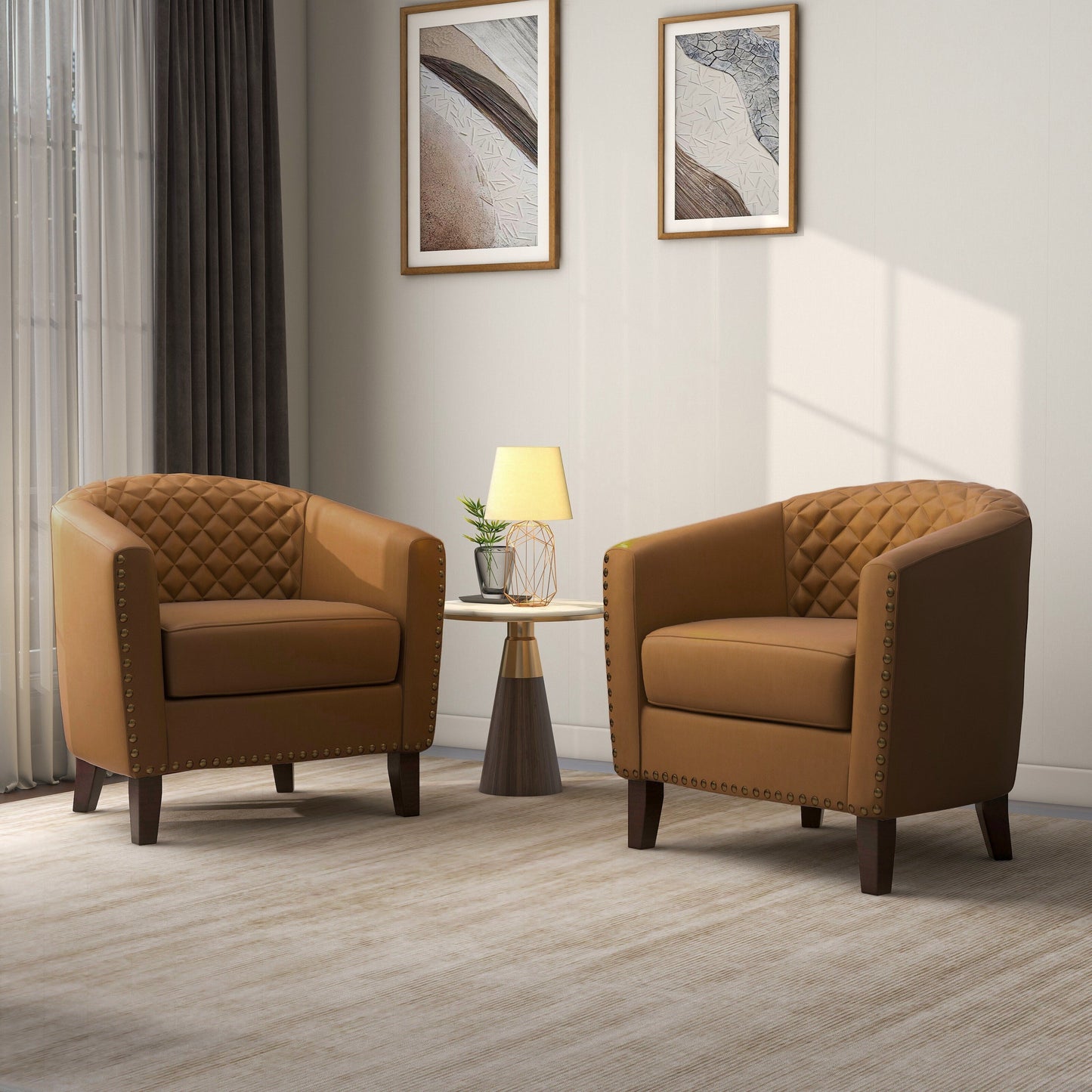 2 Set 29 W Vegan Leather Barrel Accent Chairs with Nailheads Trim