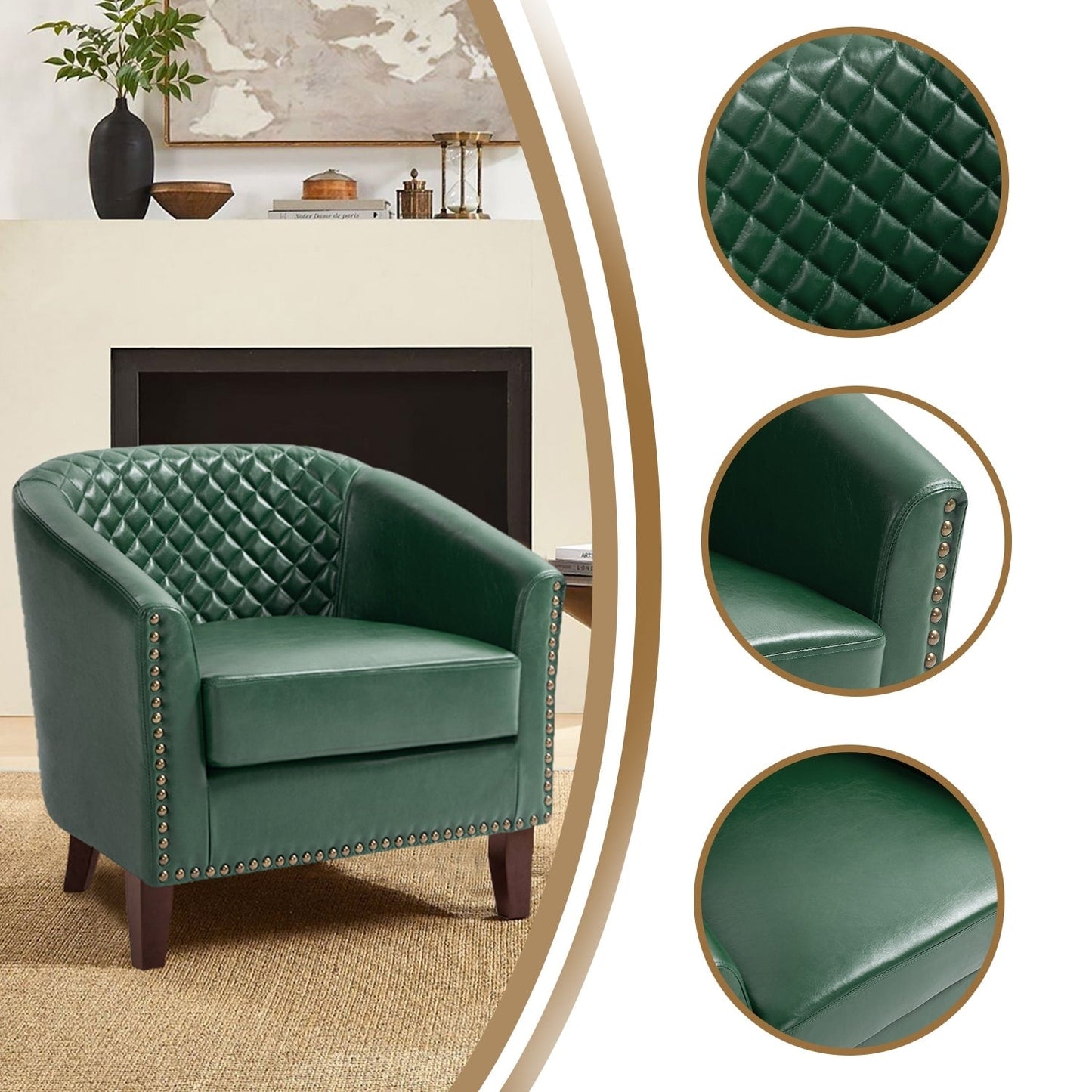 2 Set 29 W Vegan Leather Barrel Accent Chairs with Nailheads Trim