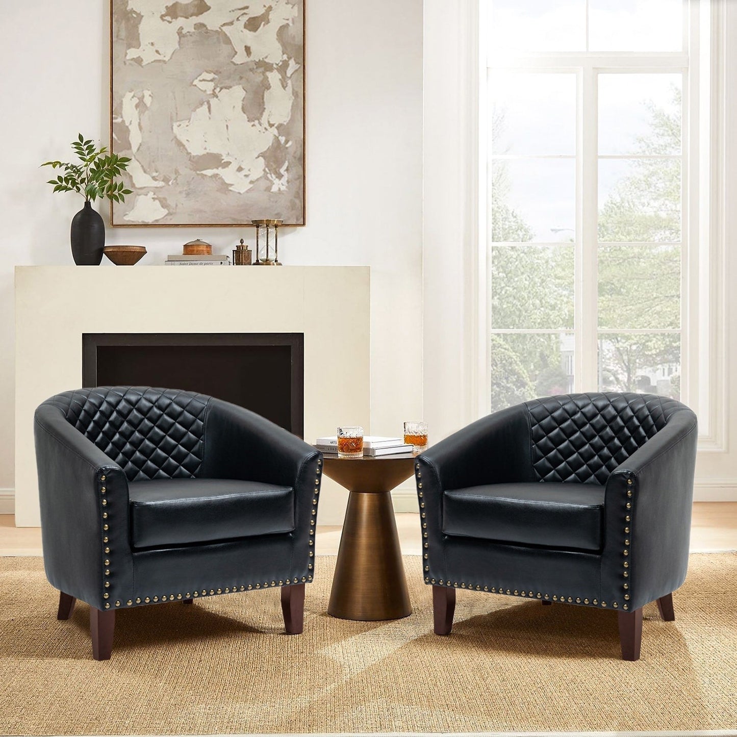 2 Set 29 W Vegan Leather Barrel Accent Chairs with Nailheads Trim