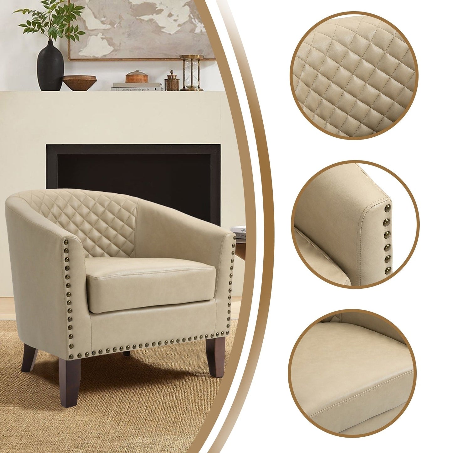 2 Set 29 W Vegan Leather Barrel Accent Chairs with Nailheads Trim