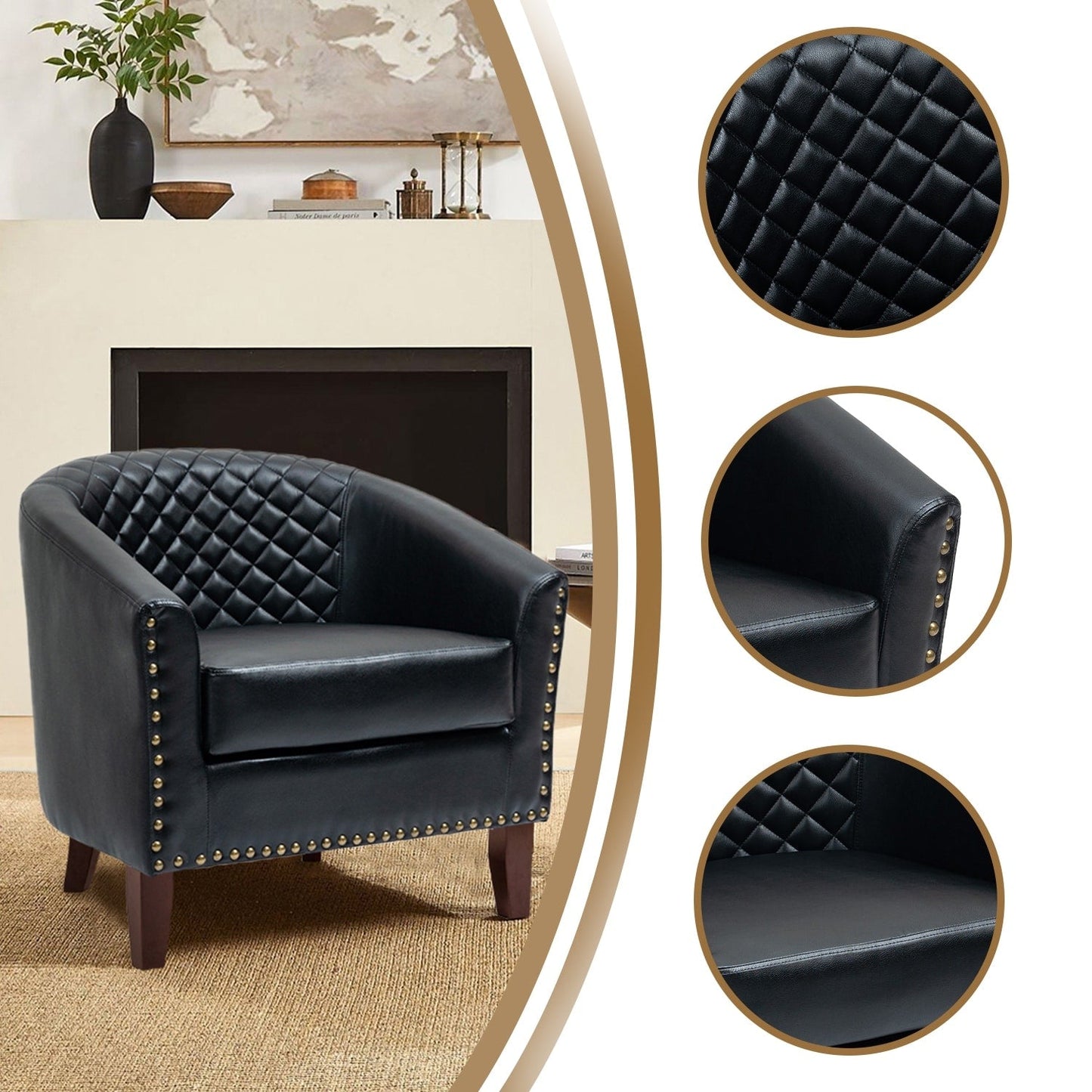 2 Set 29 W Vegan Leather Barrel Accent Chairs with Nailheads Trim