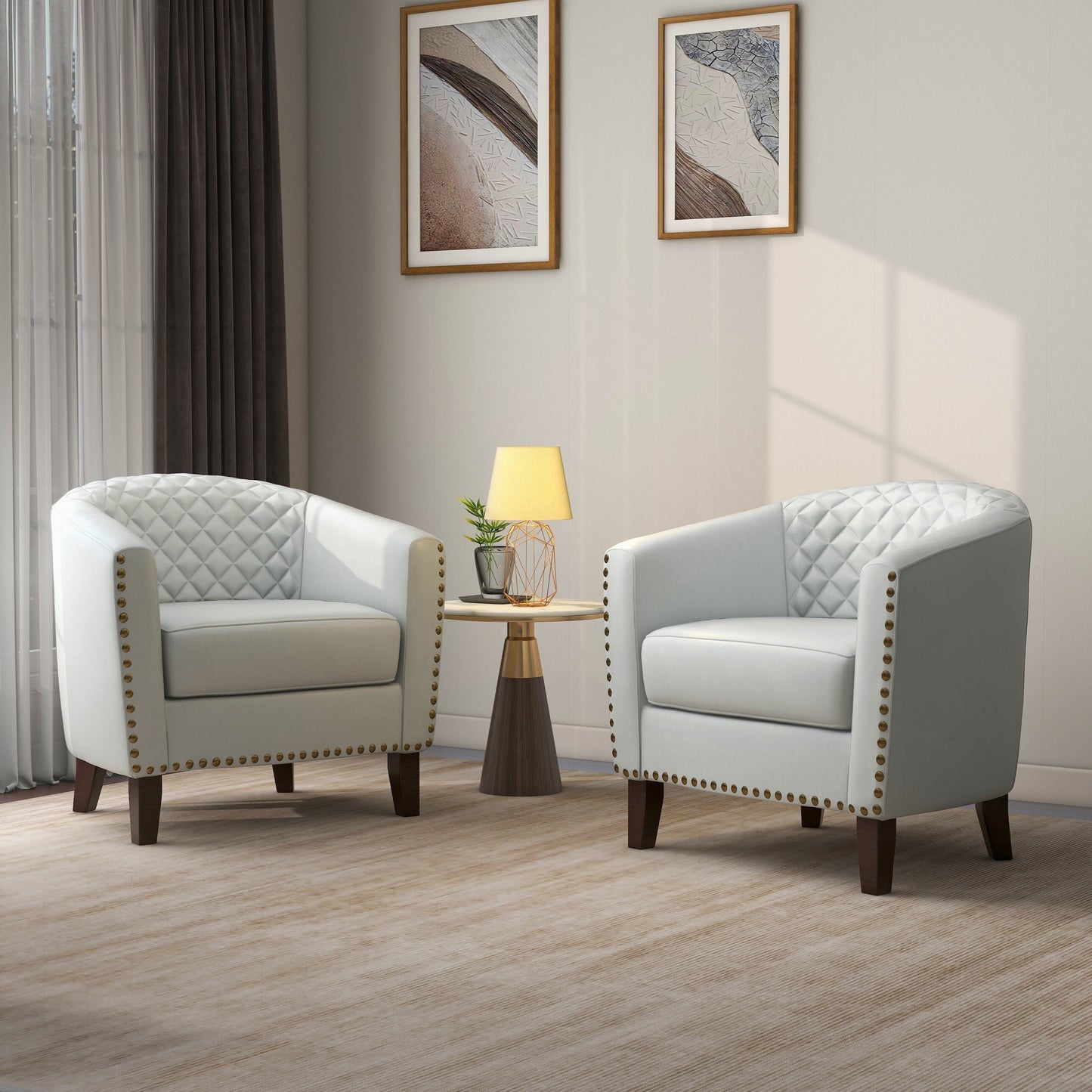 2 Set 29 W Vegan Leather Barrel Accent Chairs with Nailheads Trim