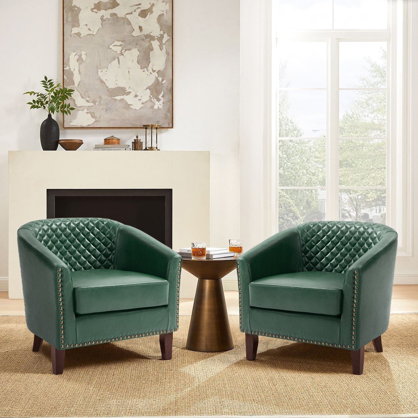 2 Set 29 W Vegan Leather Barrel Accent Chairs with Nailheads Trim