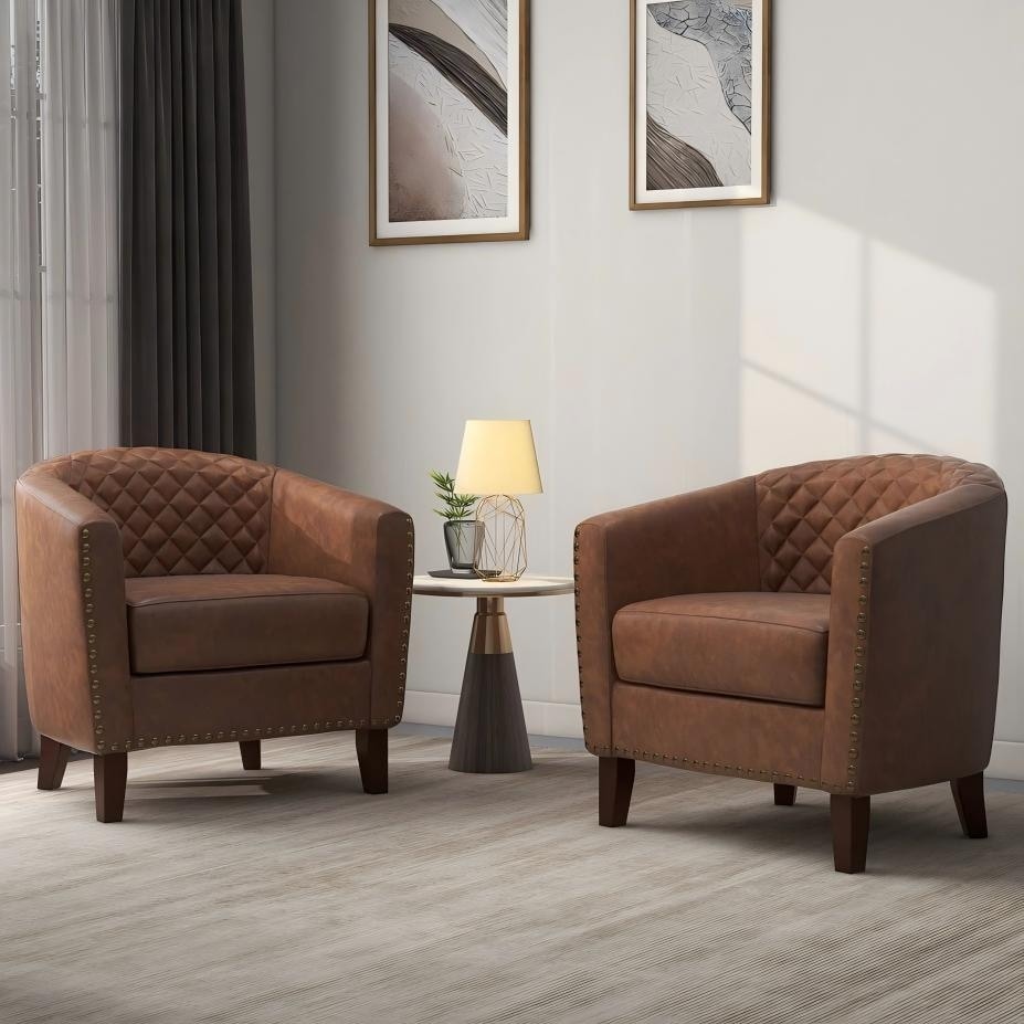 2 Set 29 W Vegan Leather Barrel Accent Chairs with Nailheads Trim
