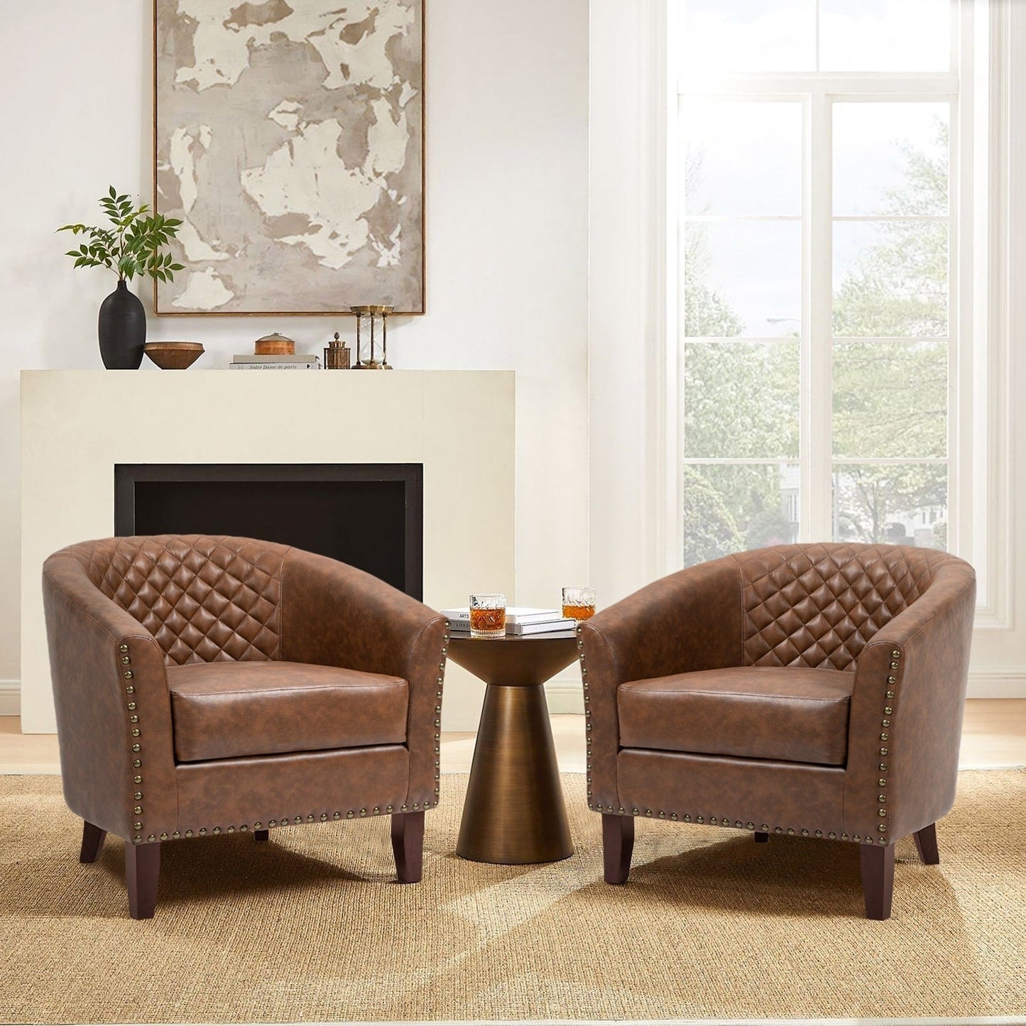 2 Set 29 W Vegan Leather Barrel Accent Chairs with Nailheads Trim