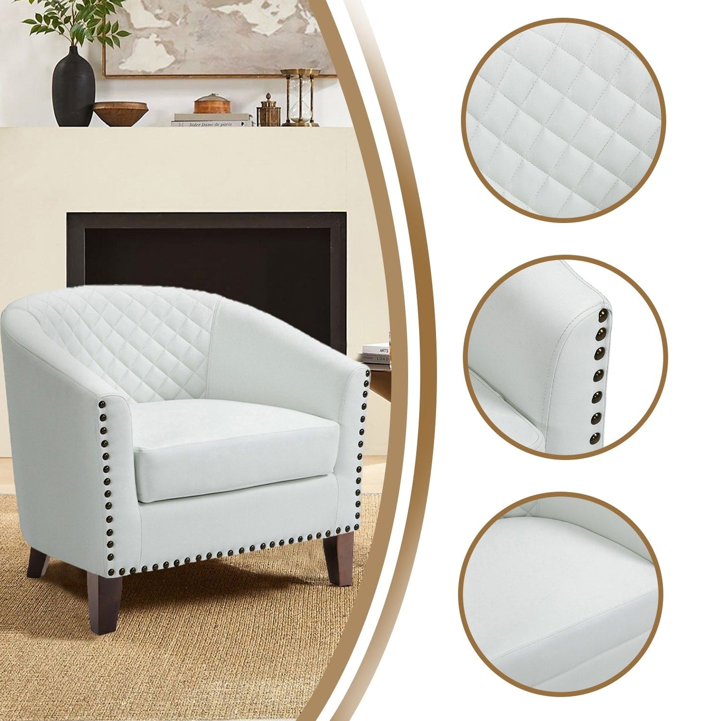 2 Set 29 W Vegan Leather Barrel Accent Chairs with Nailheads Trim