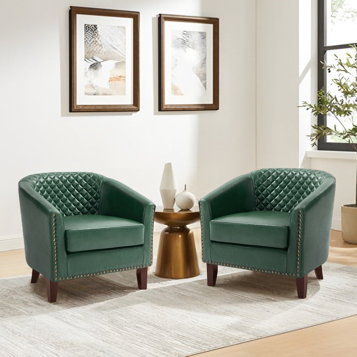 2 Set 29 W Vegan Leather Barrel Accent Chairs with Nailheads Trim
