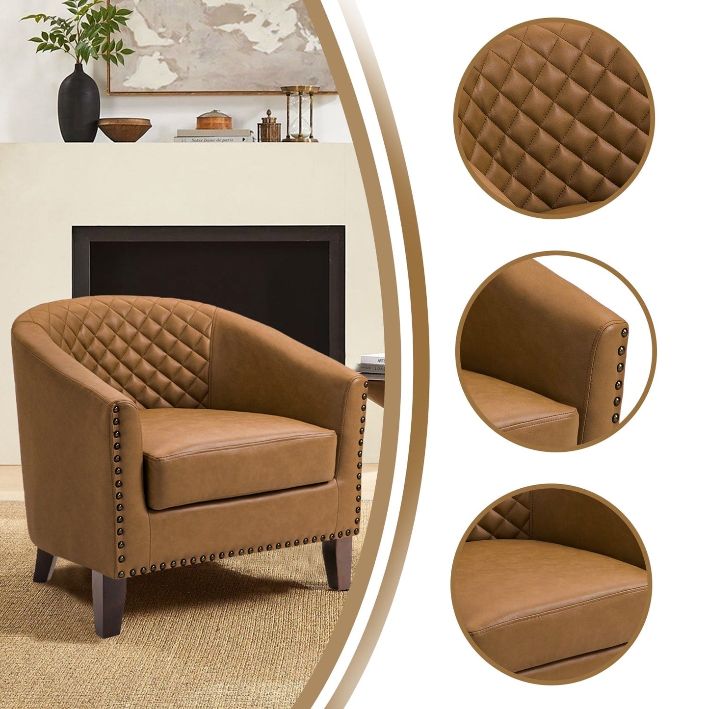 2 Set 29 W Vegan Leather Barrel Accent Chairs with Nailheads Trim