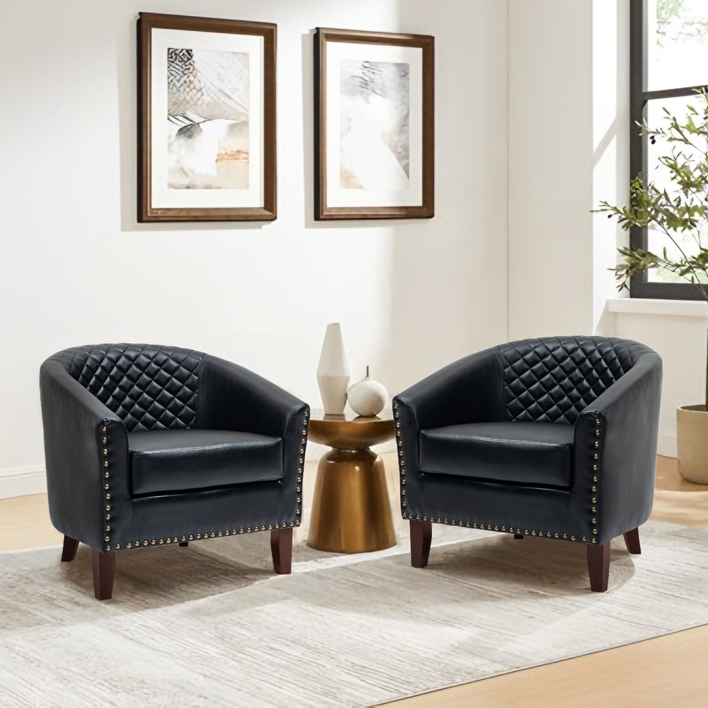 2 Set 29 W Vegan Leather Barrel Accent Chairs with Nailheads Trim