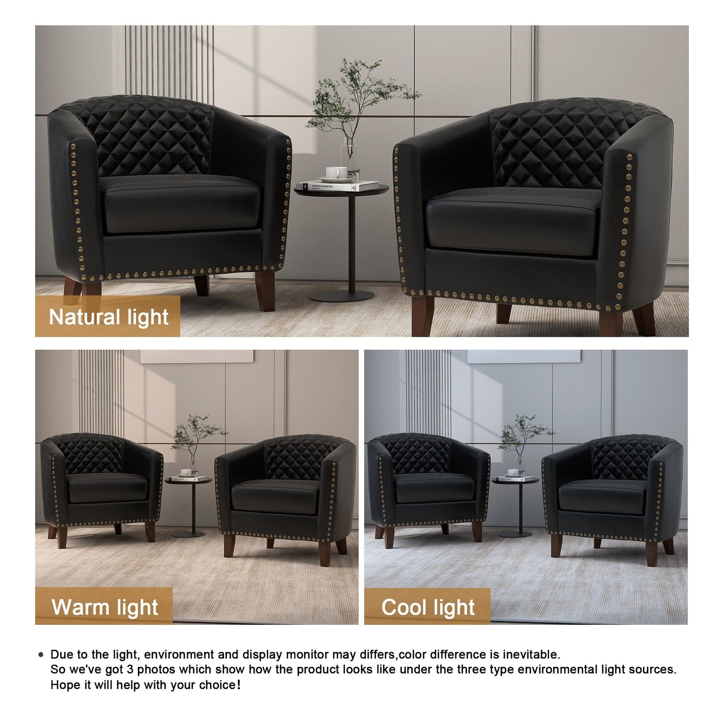 2 Set 29 W Vegan Leather Barrel Accent Chairs with Nailheads Trim