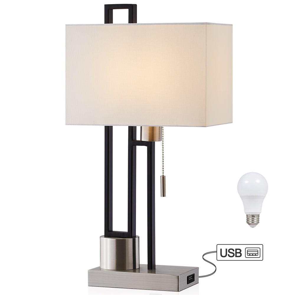 Matte Black/Brushed Nickel Table Lamp with USB Port and White Linen Shade, 9.5W LED Bulb Included - 21 H