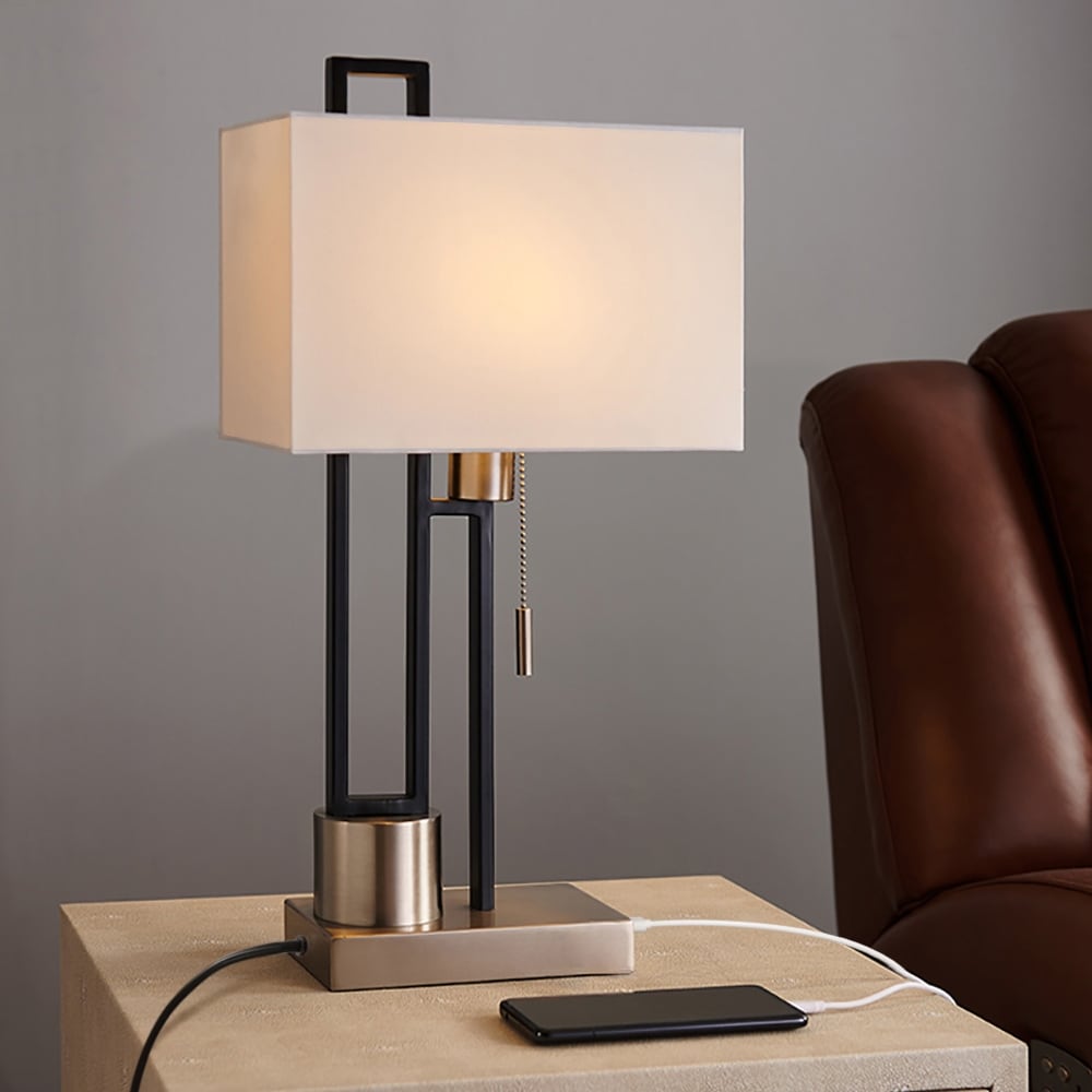 Matte Black/Brushed Nickel Table Lamp with USB Port and White Linen Shade, 9.5W LED Bulb Included - 21 H