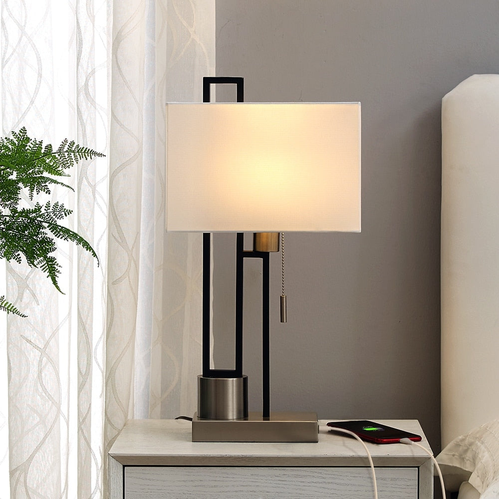 Matte Black/Brushed Nickel Table Lamp with USB Port and White Linen Shade, 9.5W LED Bulb Included - 21 H