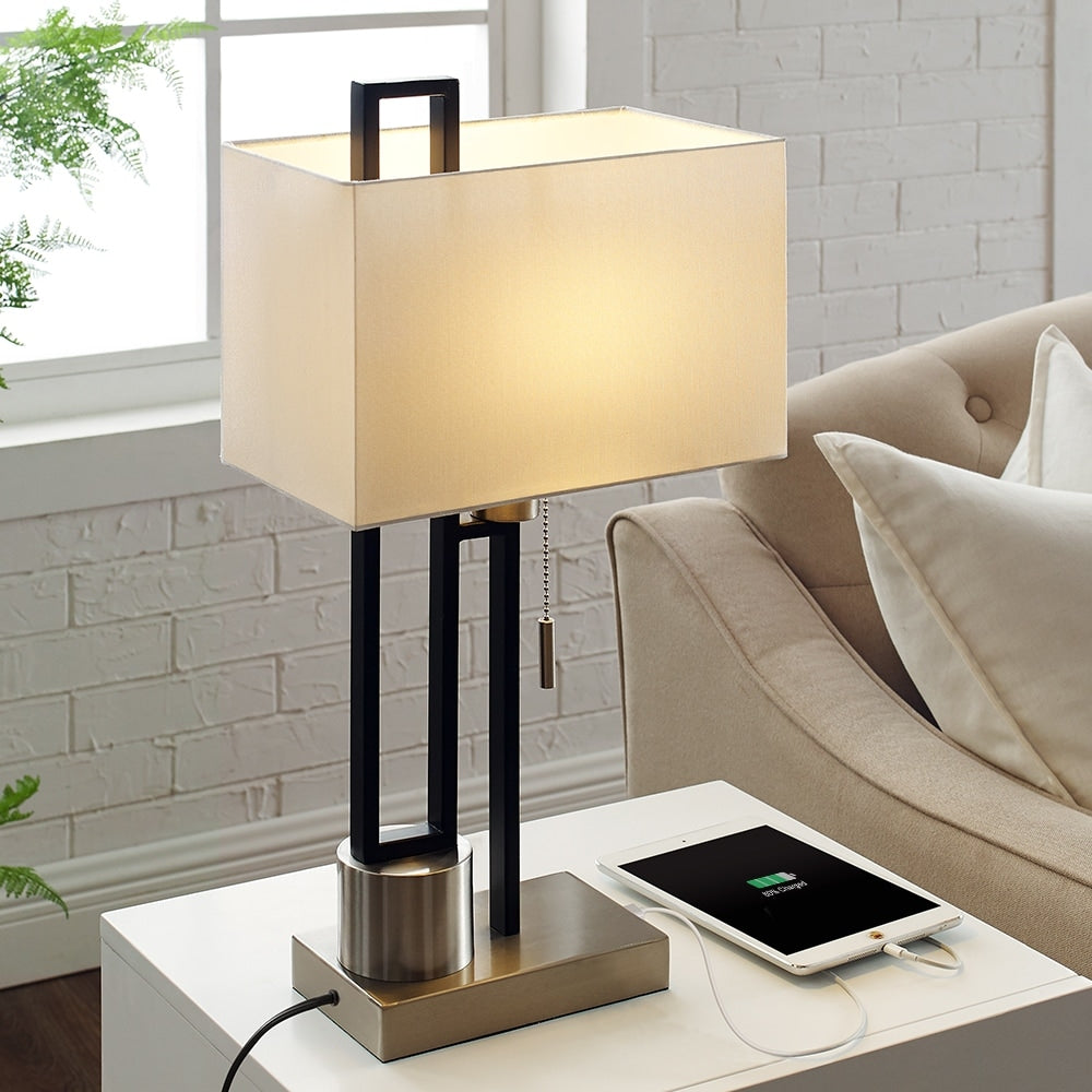 Matte Black/Brushed Nickel Table Lamp with USB Port and White Linen Shade, 9.5W LED Bulb Included - 21 H