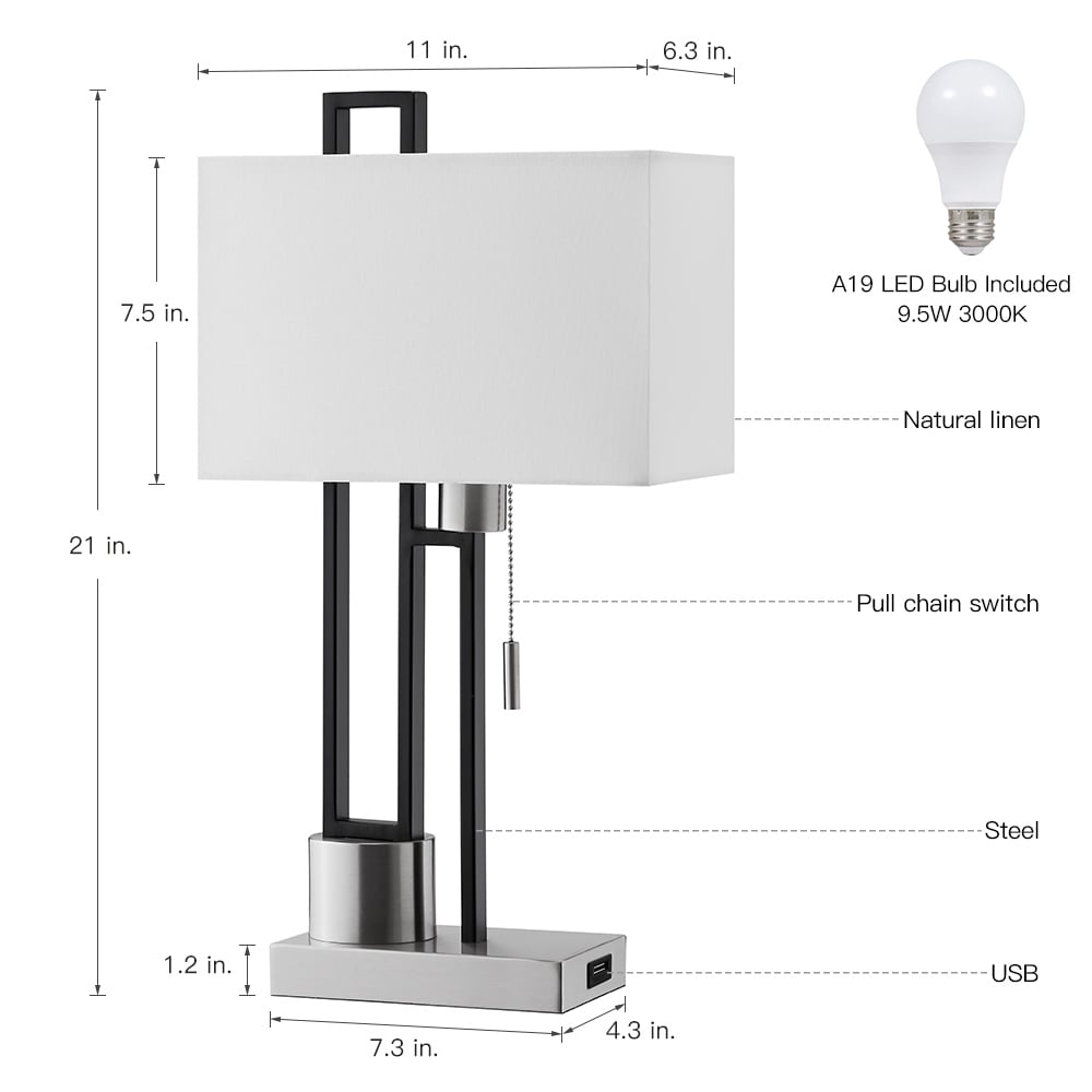 Matte Black/Brushed Nickel Table Lamp with USB Port and White Linen Shade, 9.5W LED Bulb Included - 21 H