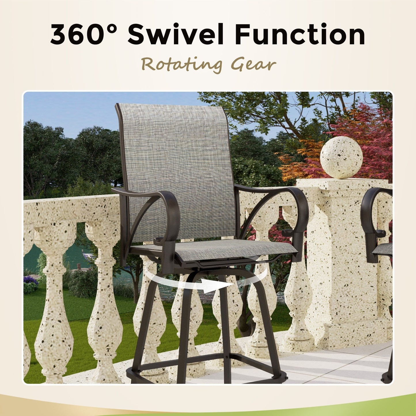 Ensemble de 3/5 tabourets de bar de patio avec table aspect bois et tabourets de bar pivotants en tissu textilène gris