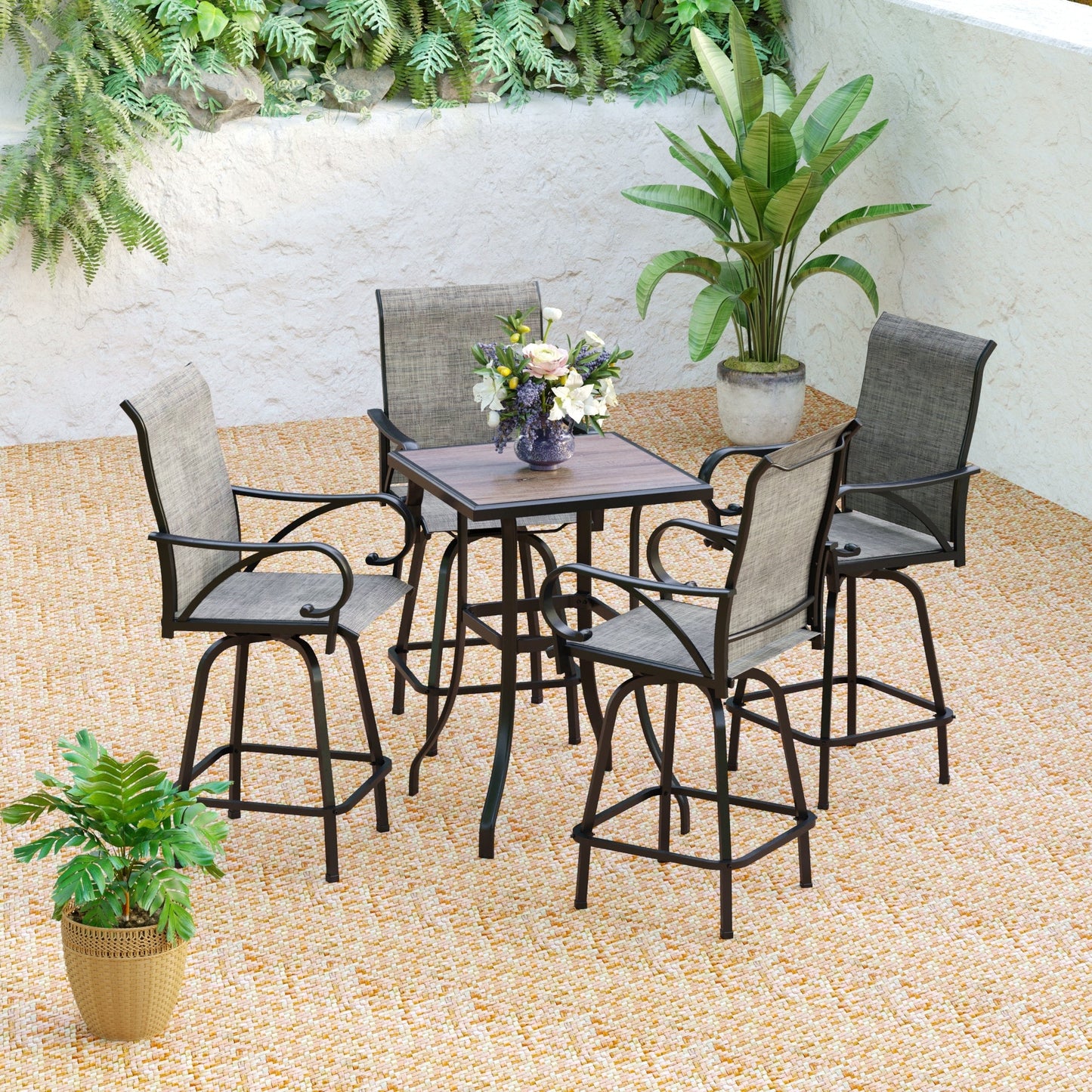 Ensemble de 3/5 tabourets de bar de patio avec table aspect bois et tabourets de bar pivotants en tissu textilène gris