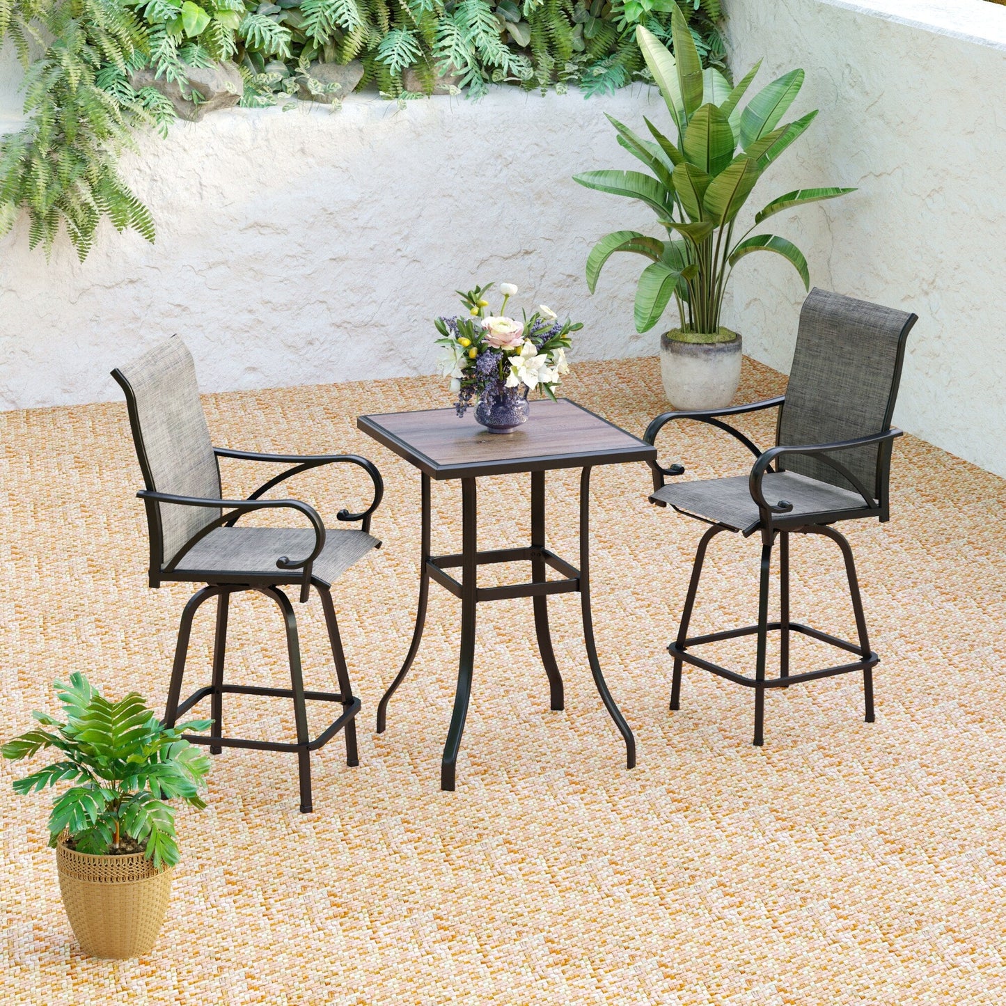 Ensemble de 3/5 tabourets de bar de patio avec table aspect bois et tabourets de bar pivotants en tissu textilène gris