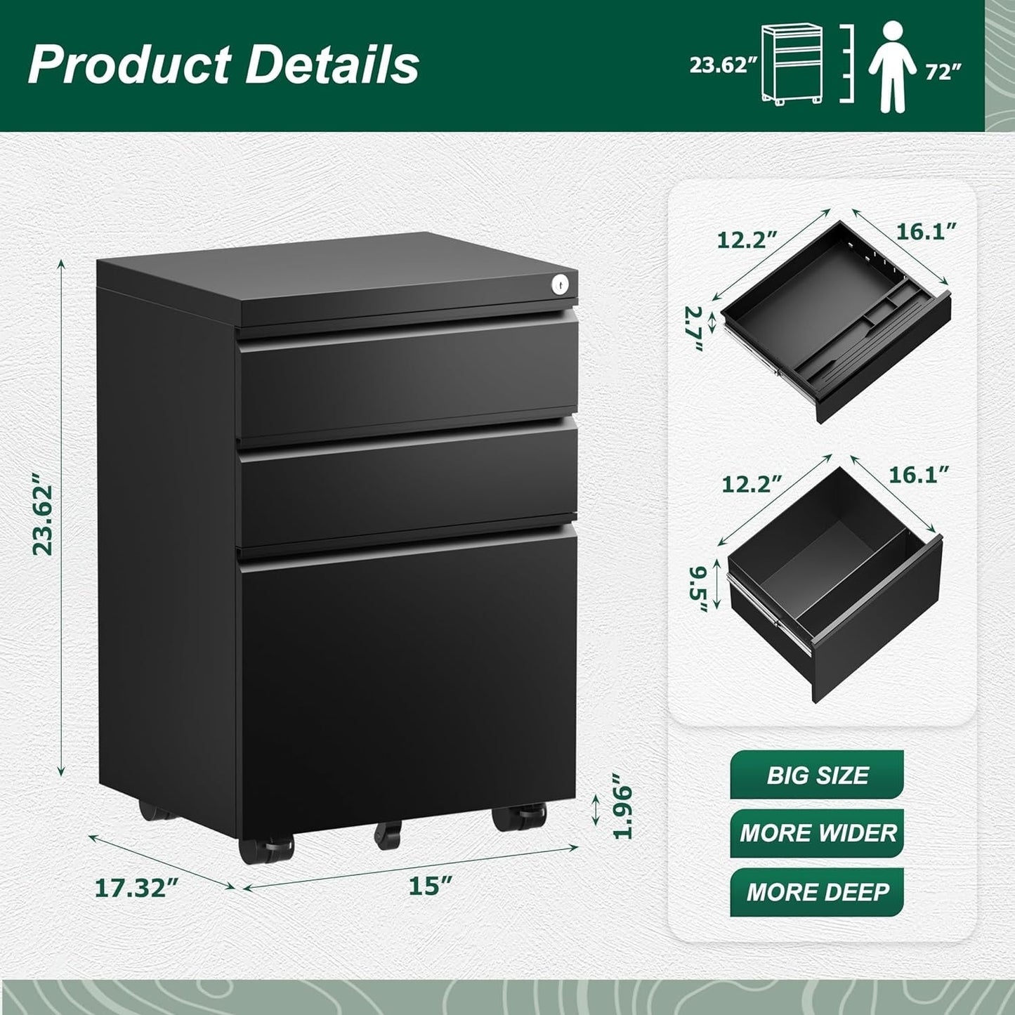 3 Drawer Mobile/Vertical File Cabinet for Home Office