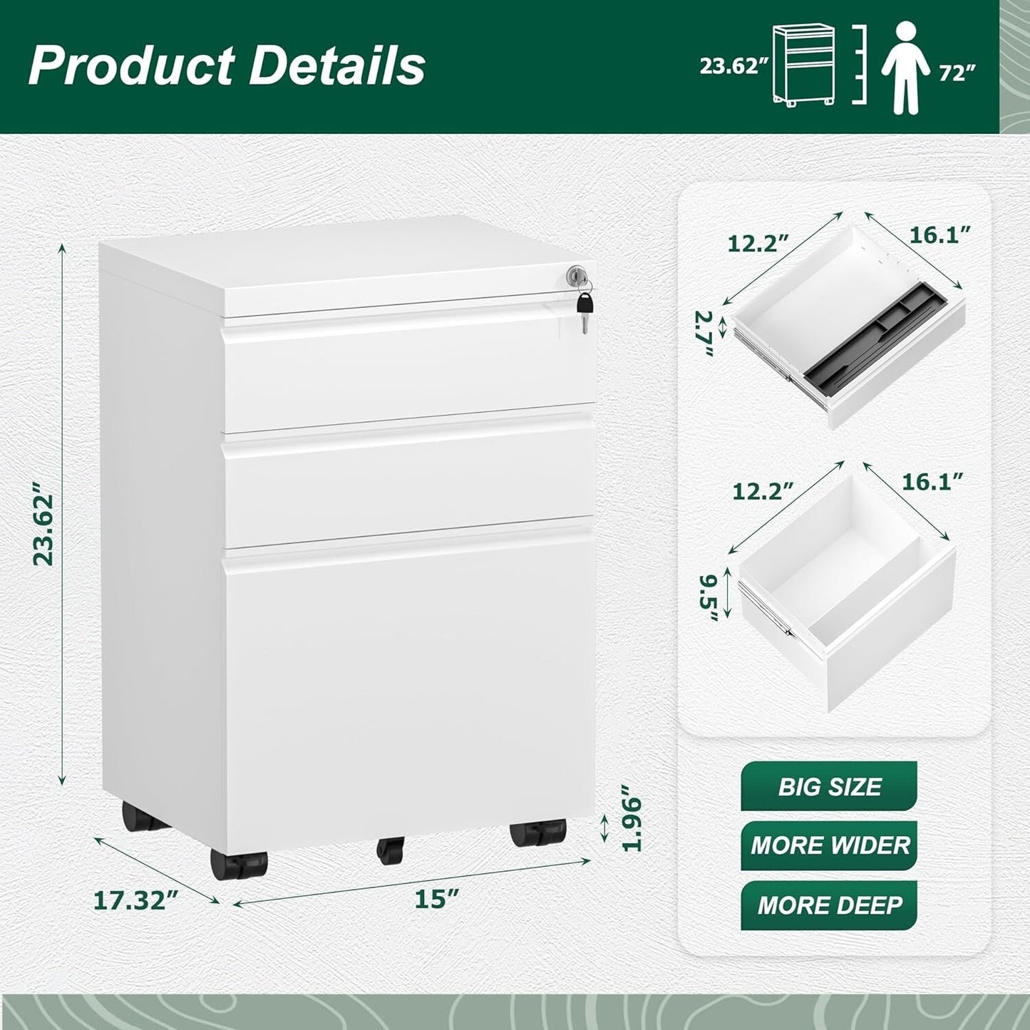 3 Drawer Mobile/Vertical File Cabinet for Home Office