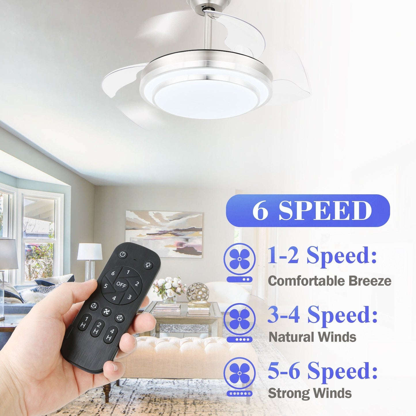 Bella Depot 36 Modern Retractable Ceiling Fan with Led Light, 6-Speed Reversible Blades with Remote