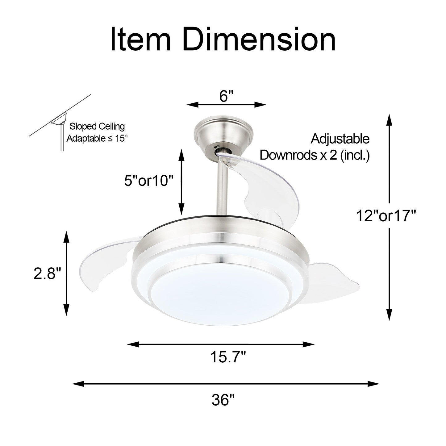 Bella Depot 36 Modern Retractable Ceiling Fan with Led Light, 6-Speed Reversible Blades with Remote