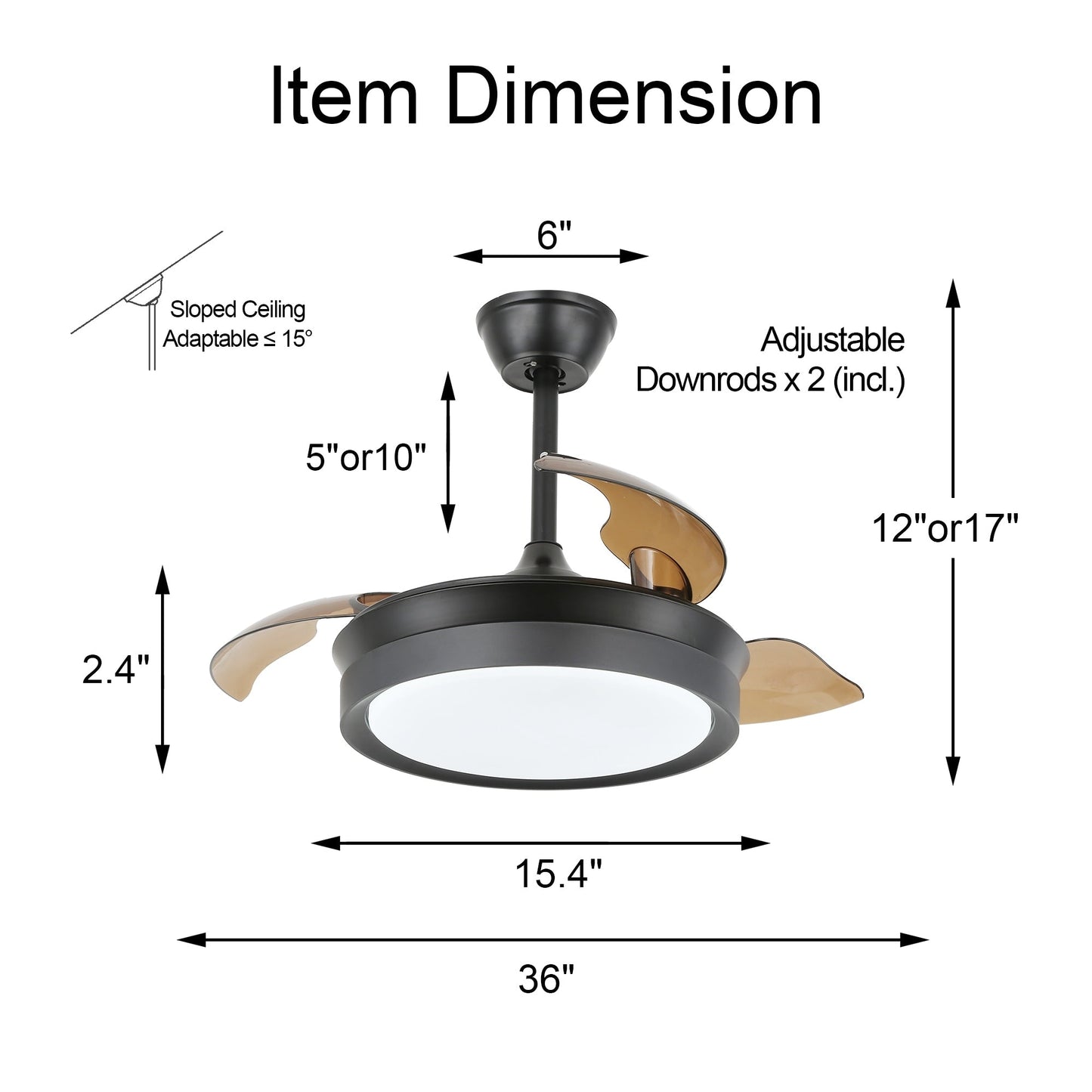Bella Depot 36 Modern Retractable Ceiling Fan with Led Light, 6-Speed Reversible Blades with Remote