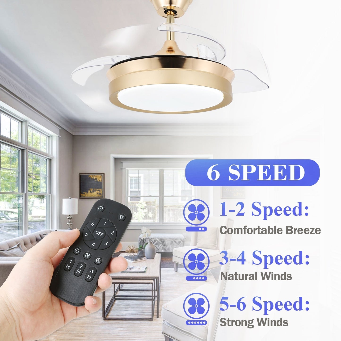 Bella Depot 36 Modern Retractable Ceiling Fan with Led Light, 6-Speed Reversible Blades with Remote