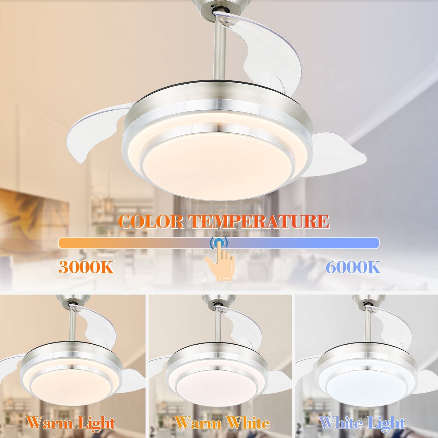 Bella Depot 36 Modern Retractable Ceiling Fan with Led Light, 6-Speed Reversible Blades with Remote
