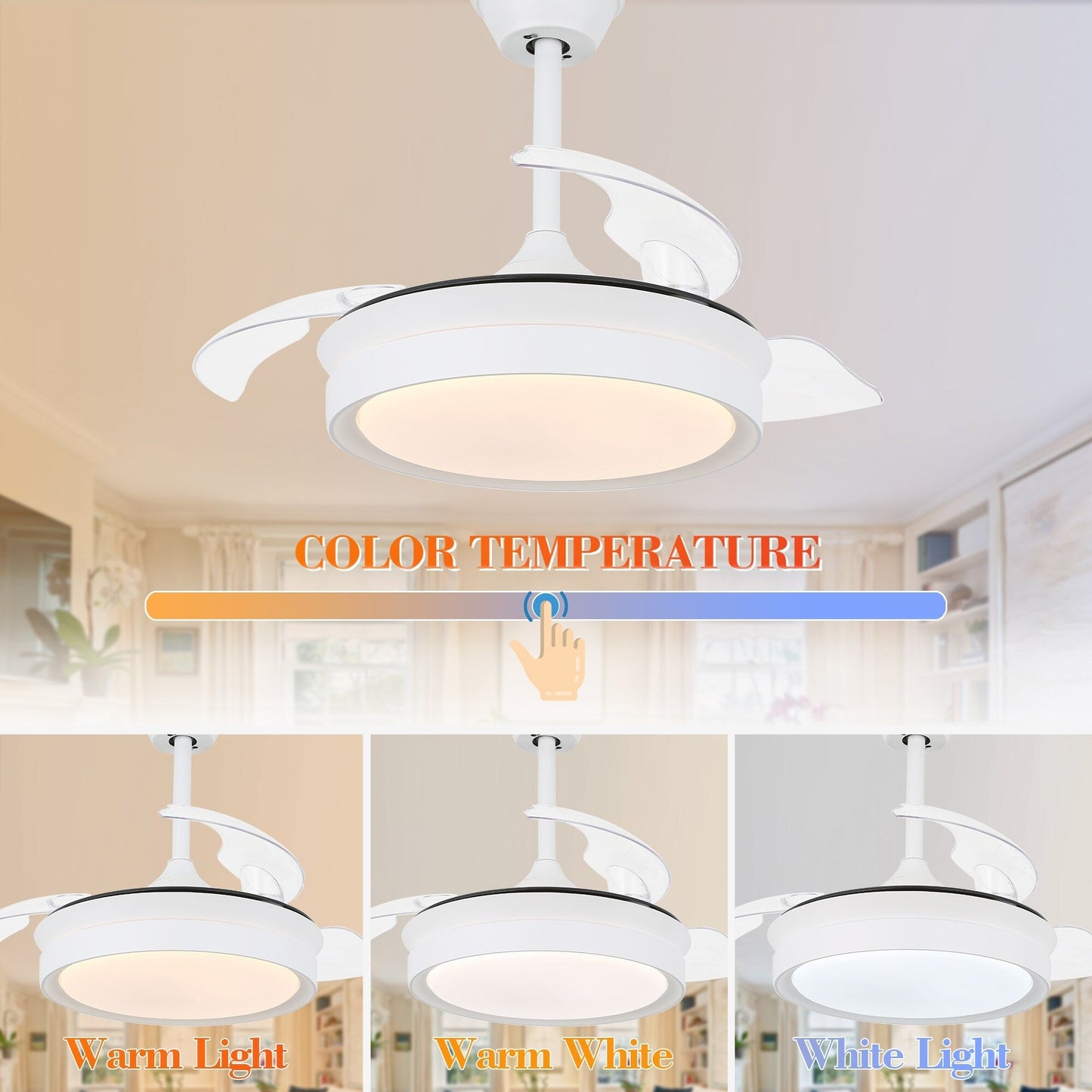 Bella Depot 36 Modern Retractable Ceiling Fan with Led Light, 6-Speed Reversible Blades with Remote