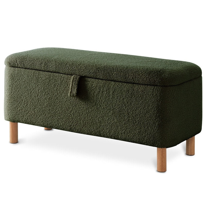 39.5 Off White Boucle Storage Ottoman Bench Sherpa Storage Bench Ottoman Foot Rest End of Bed for Living Room Bedroom,Wood Leg