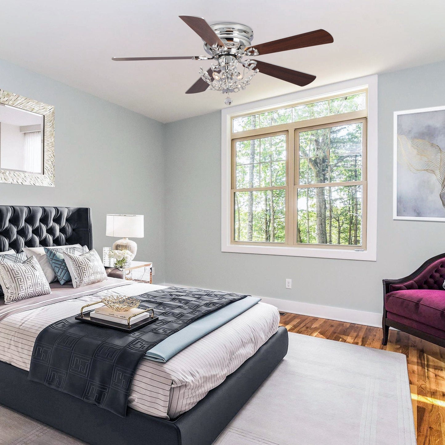 48 Modern Reversible 5-Blade Crystal Flush Mount Ceiling Fan with Remote