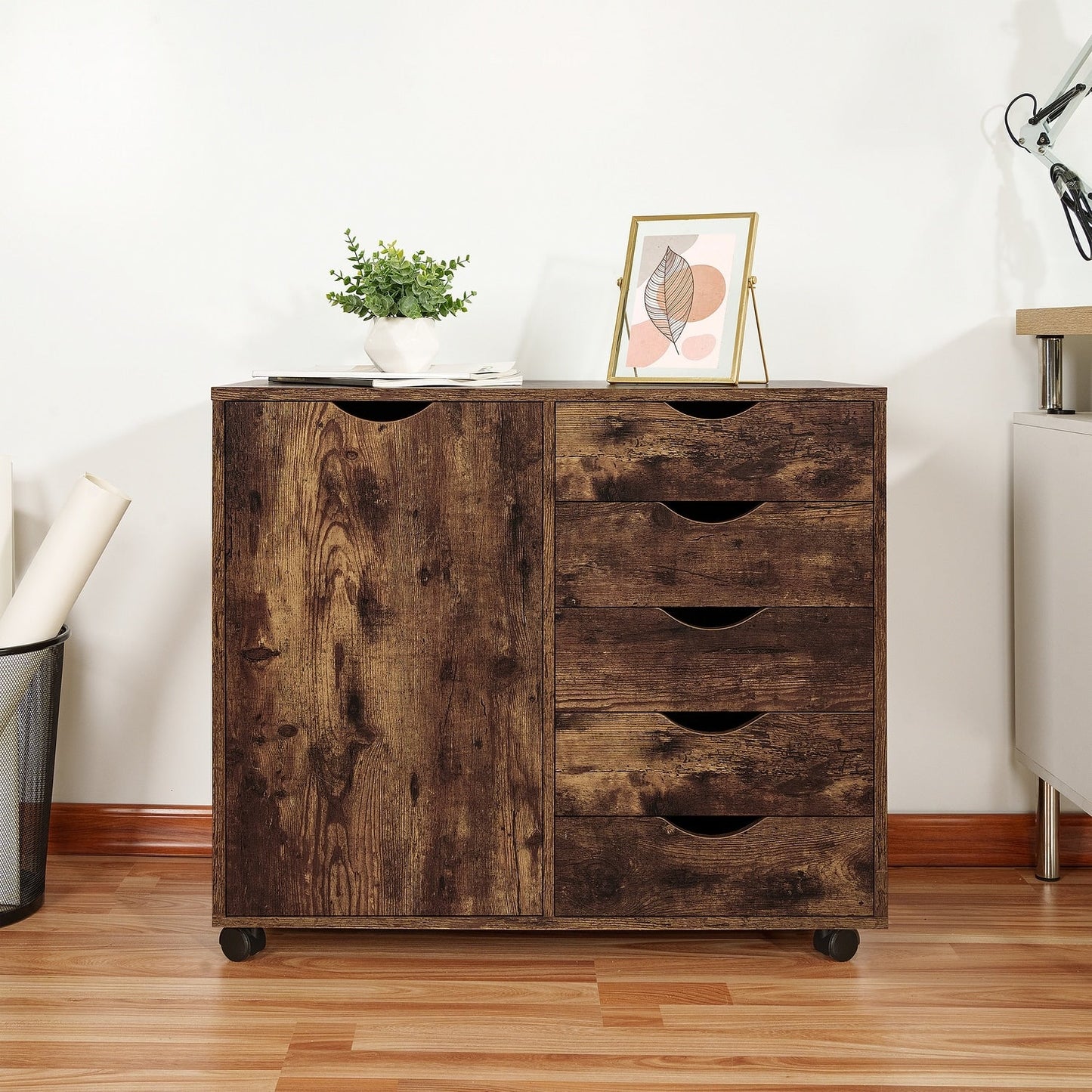 5-Drawer Wood Storage Dresser Cabinet with Wheels - Craft Organizer and Makeup Drawer Unit for Closet and Bedroom