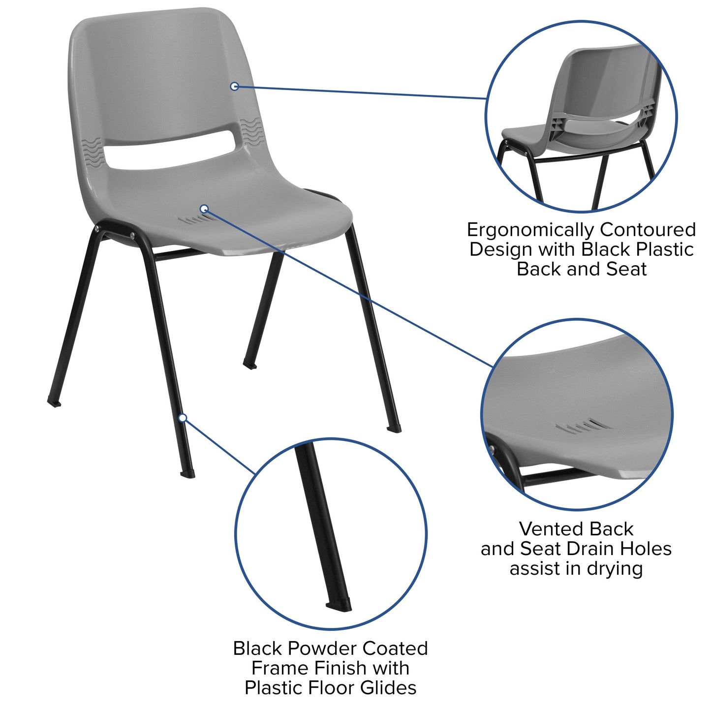 5 Pack 880 lb. Capacity Ergonomic Shell Stack Chair with Metal Frame - 23.5D x 19.25W x 32H