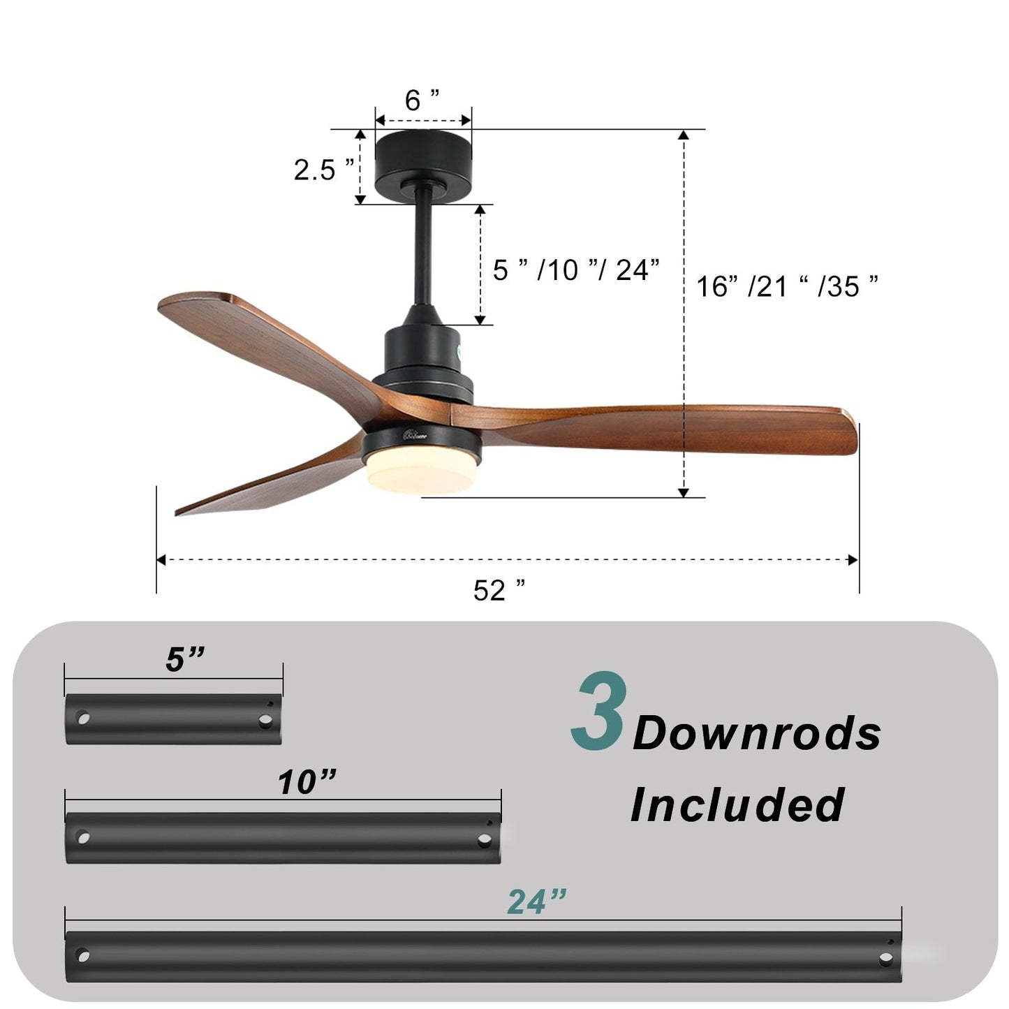 Sofucor 52 Indoor Wood Ceiling Fan Light with Remote, Integrated Light Optional