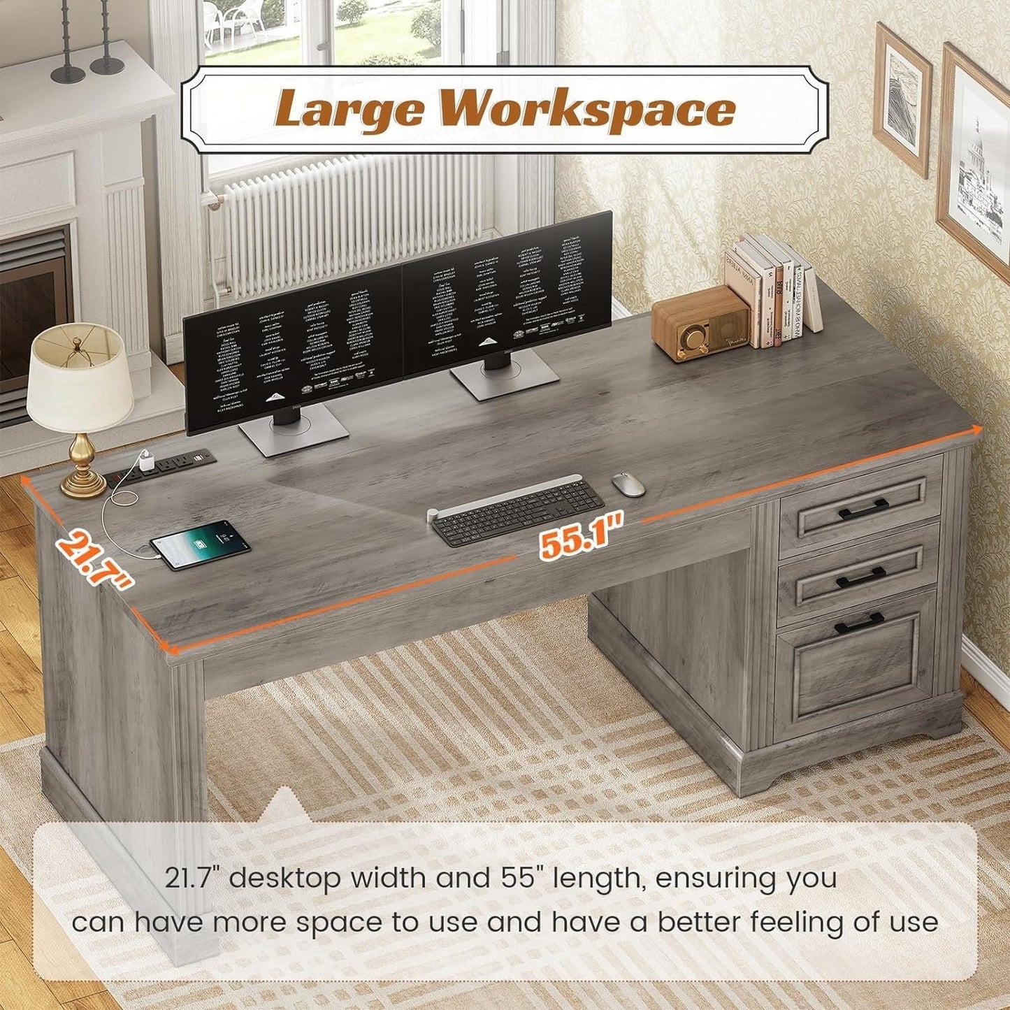 Farmhouse Executive Desk Home Office Desk File Drawer Monitor Stand Power Outlet