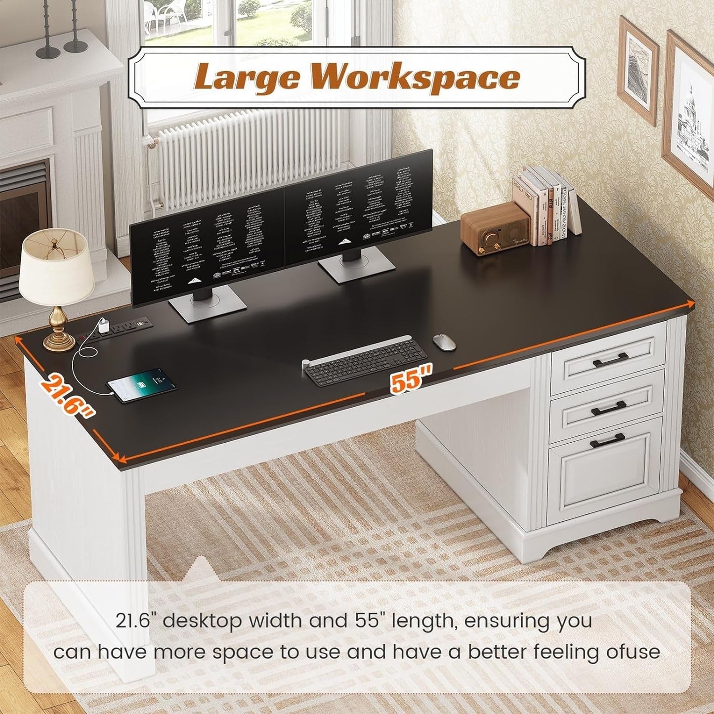 Farmhouse Executive Desk Home Office Desk File Drawer Monitor Stand Power Outlet
