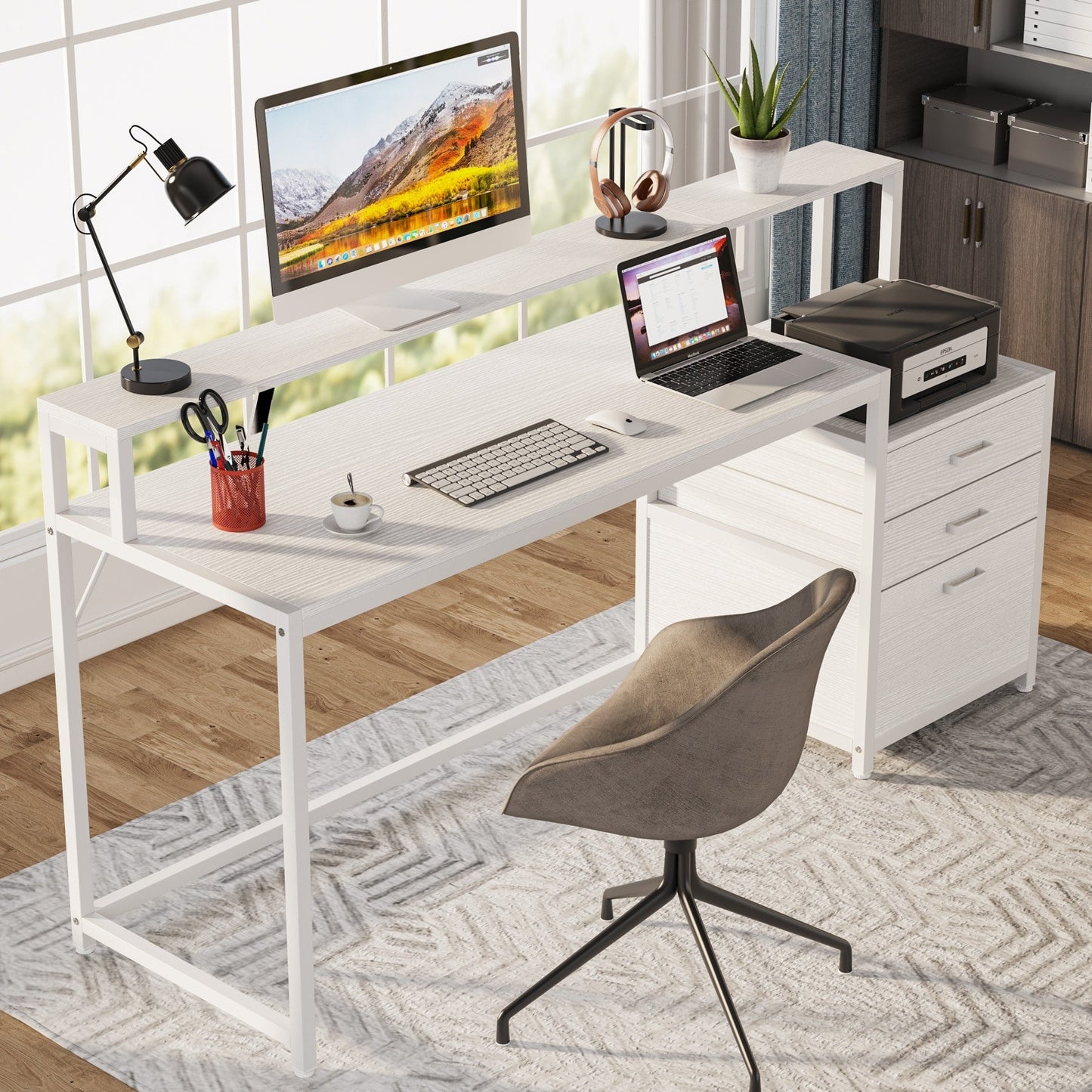 63 Computer Desk with Monitor Stand, Ergonomic Home Office Desks with Drawers File Cabinet