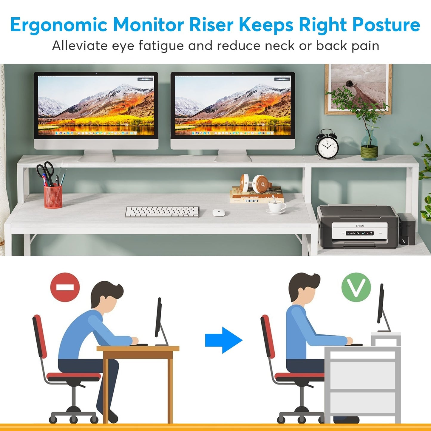 63 Computer Desk with Monitor Stand, Ergonomic Home Office Desks with Drawers File Cabinet