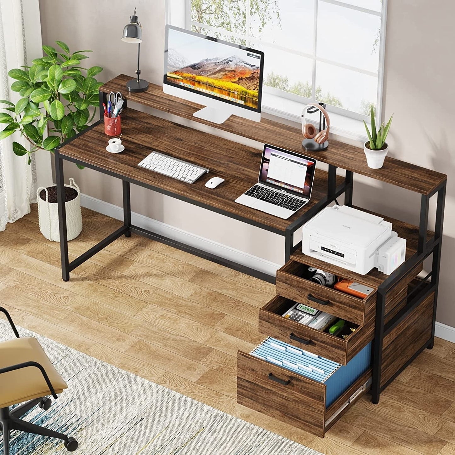 63 Computer Desk with Monitor Stand, Ergonomic Home Office Desks with Drawers File Cabinet