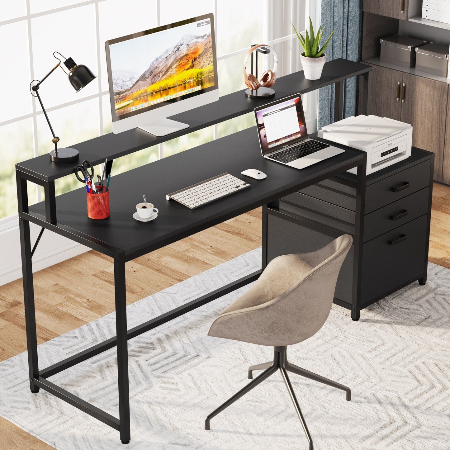 63 Computer Desk with Monitor Stand, Ergonomic Home Office Desks with Drawers File Cabinet