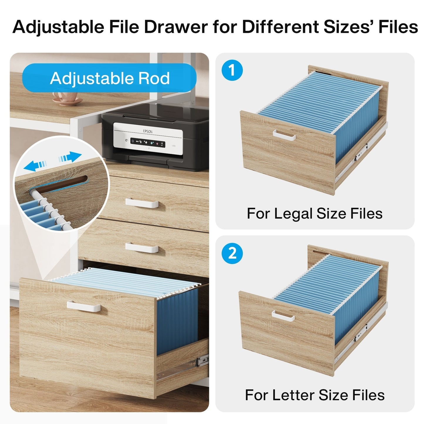 63 Computer Desk with Monitor Stand, Ergonomic Home Office Desks with Drawers File Cabinet