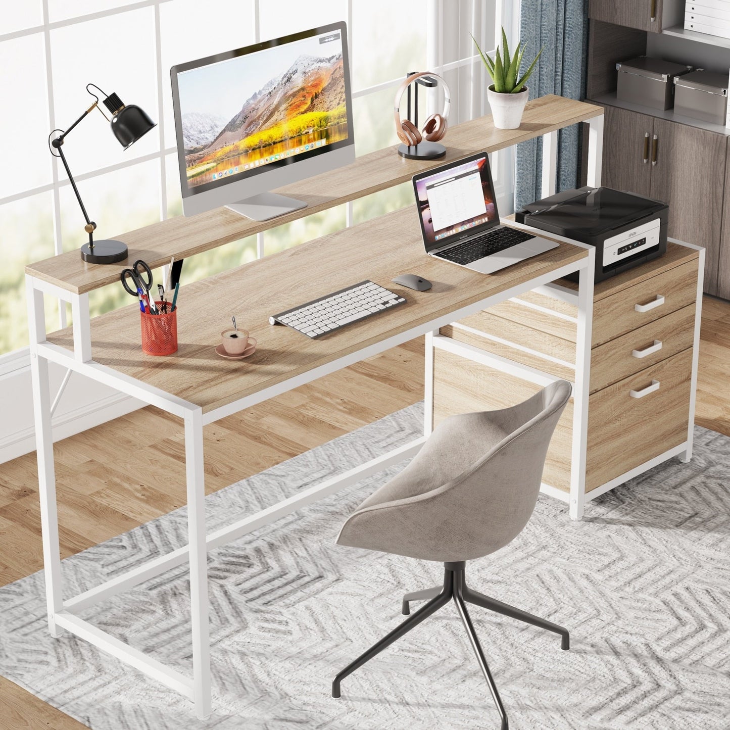 63 Computer Desk with Monitor Stand, Ergonomic Home Office Desks with Drawers File Cabinet