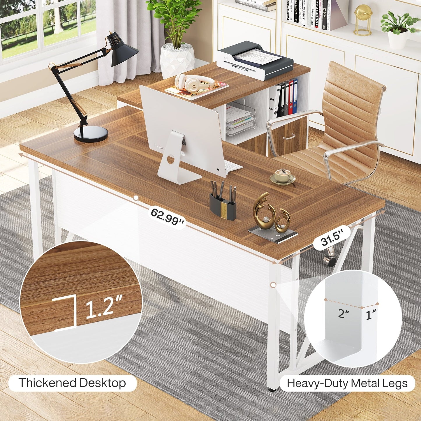 63 L-Shaped Computer Desk with 47 inches Lateral File Cabinet, Executive Desk Home Office Furniture Desk Set