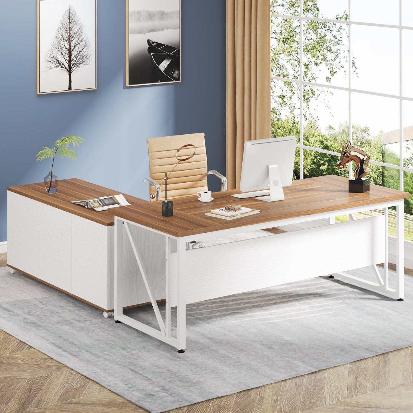 63 L-Shaped Computer Desk with 47 inches Lateral File Cabinet, Executive Desk Home Office Furniture Desk Set
