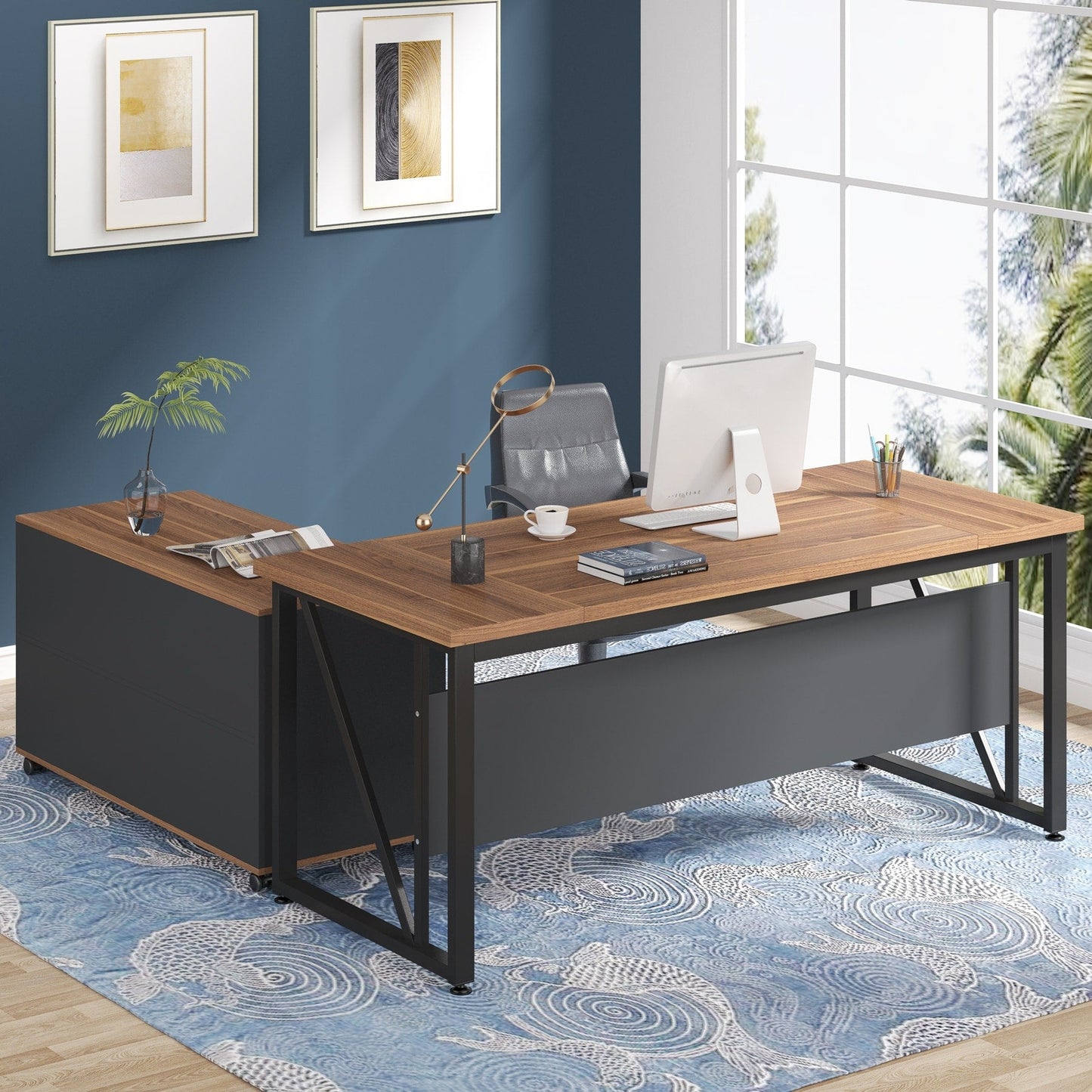 63 L-Shaped Computer Desk with 47 inches Lateral File Cabinet, Executive Desk Home Office Furniture Desk Set