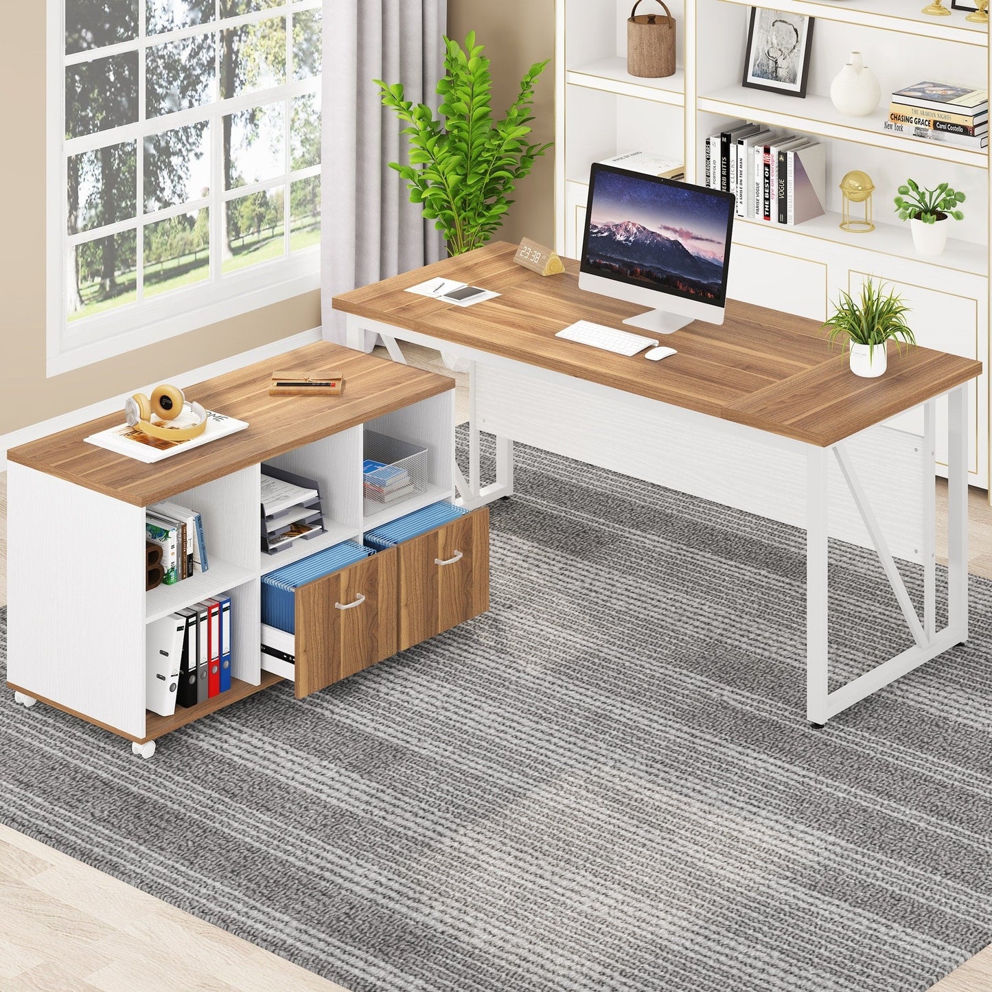 63 L-Shaped Computer Desk with 47 inches Lateral File Cabinet, Executive Desk Home Office Furniture Desk Set