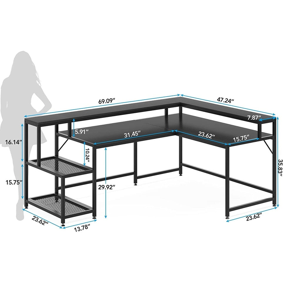 L Shaped Desk with Monitor Shelf, Reversible Corner Computer Desk for Office Home 69