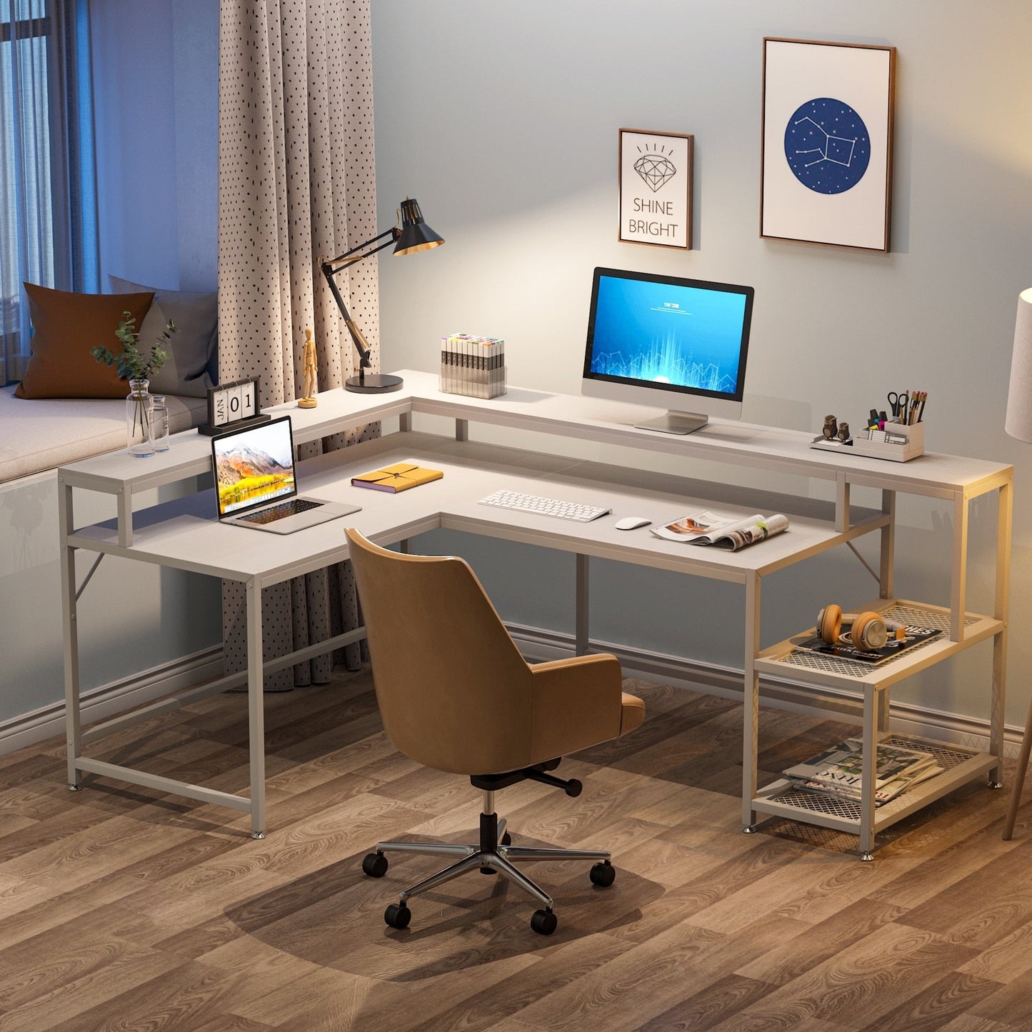 L Shaped Desk with Monitor Shelf, Reversible Corner Computer Desk for Office Home 69